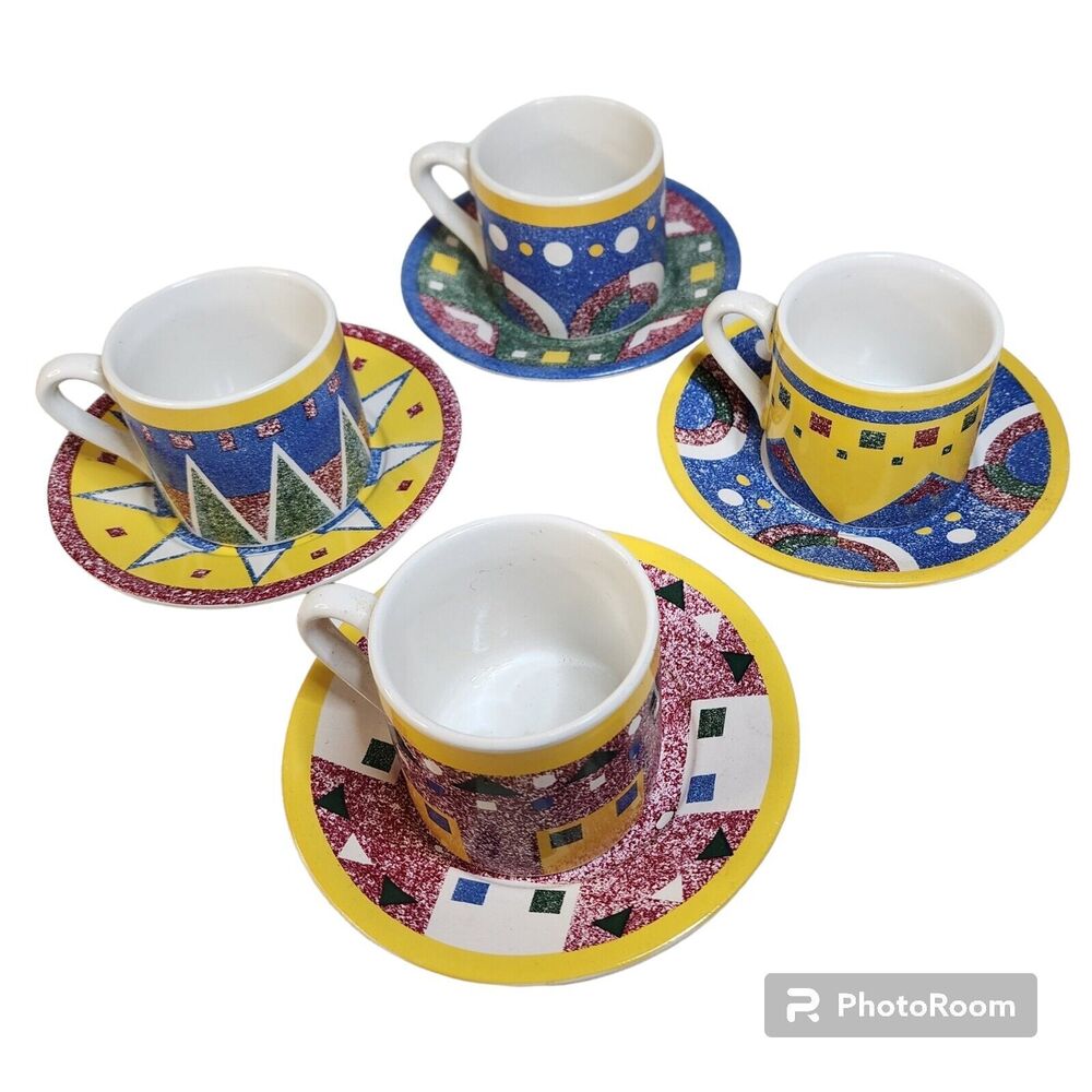 Coffee Espresso Demitasse Cafe Bistro Cook Club Geometric Set Of 4 Cups Saucers